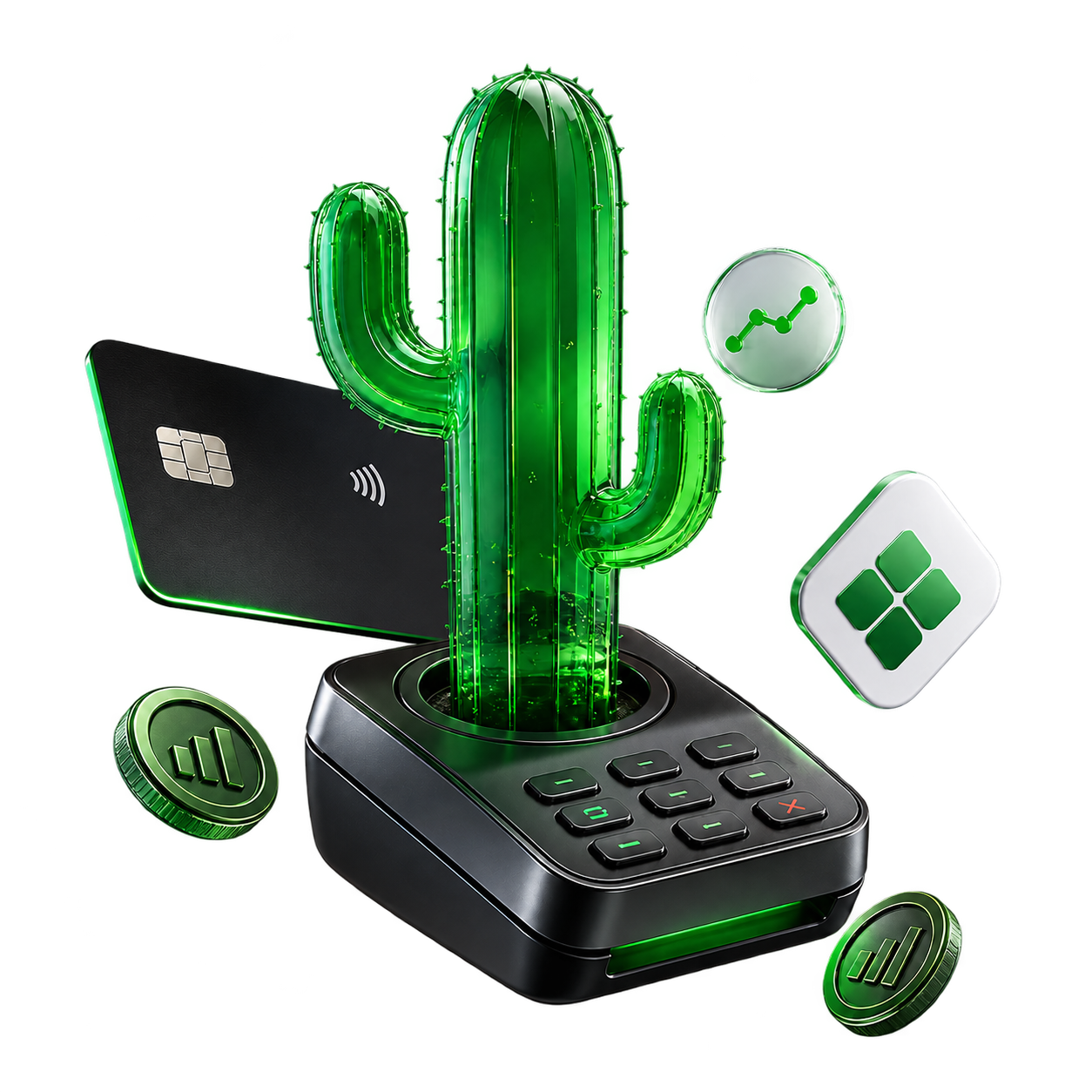 Composição 3D CactusPay com cacto e símbolo Pix